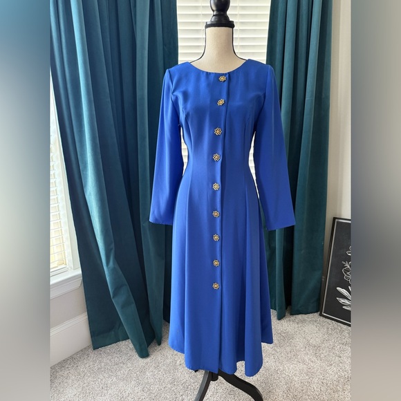 St Michael Dresses & Skirts - Vintage St Michael Blue Midi Dress with Gold Flower Buttons